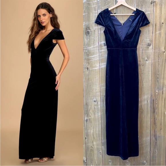 Lulus Dresses & Skirts - Navy Blue Velvet Deep V-Neck Cap-sleeve Maxi Dress 🌿